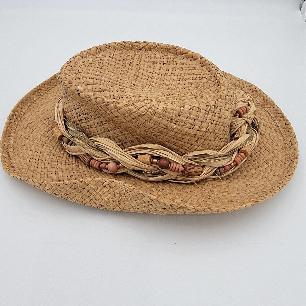 Cappelli Miami Florida Beige Vintage Wooven Straw Paper Sun Beach Hat Beads Knot
